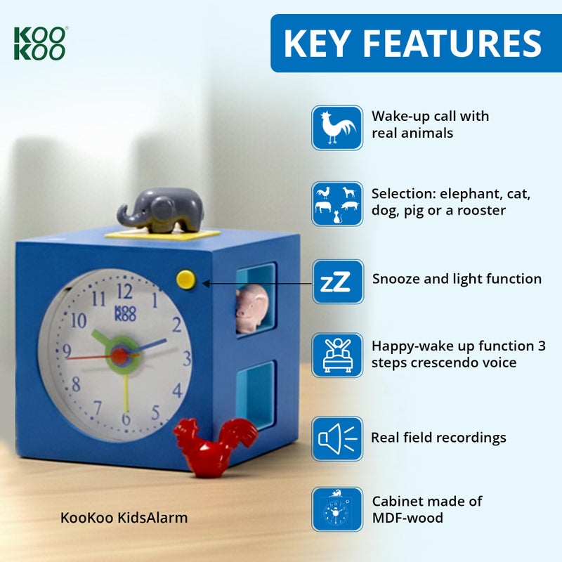 KOOKOO KidsAlarm Blue, with 5 Different Farm Animals and Their Wake-up Calls (Natural Field Recordings) - Image 2